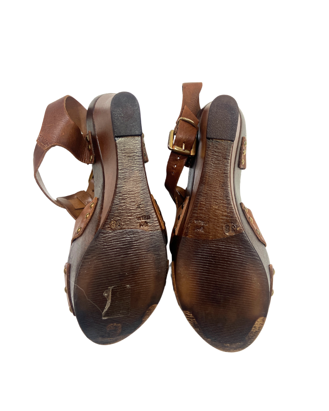 second hand Carvela Carvela Brown Leather Wedge Sandals with Gold Stud Detailing 12 OWNI