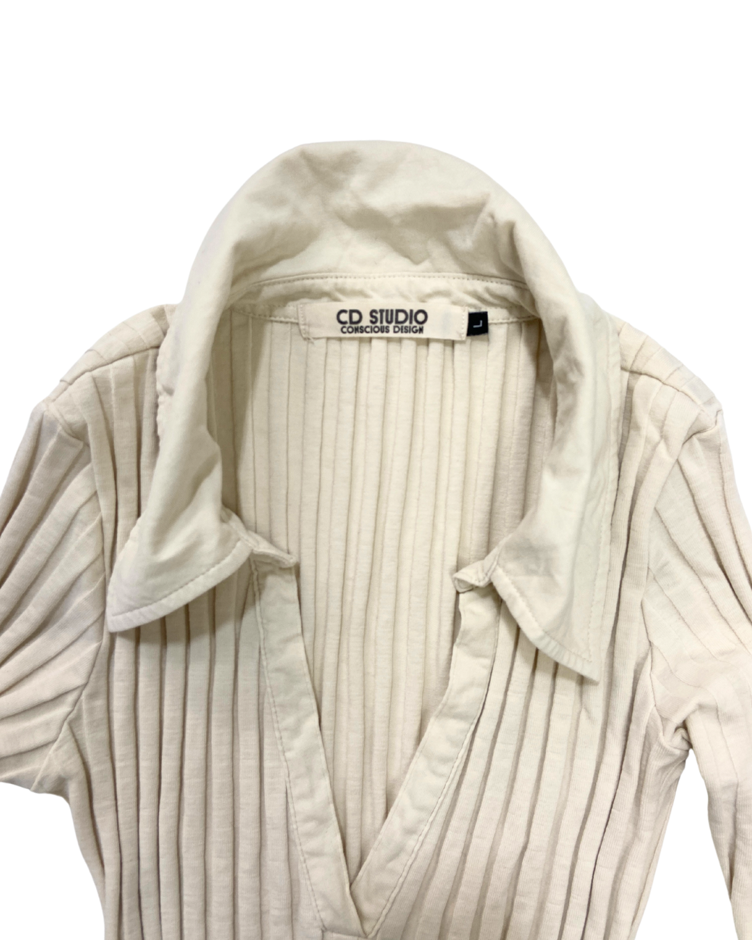 CD Studio Ribbed Beige Long Sleeve Top with Collar Detail