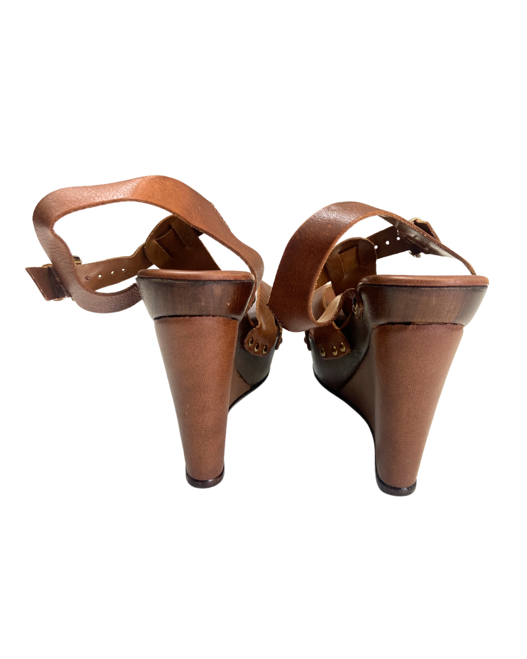 second hand Carvela Carvela Brown Leather Wedge Sandals with Gold Stud Detailing 12 OWNI