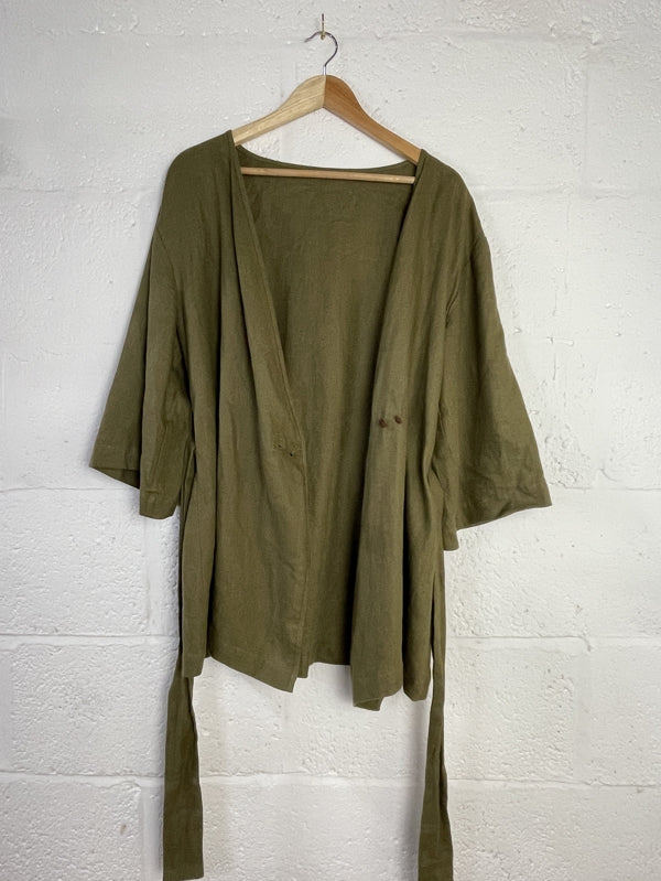 Preloved Green Linen Wrap Top