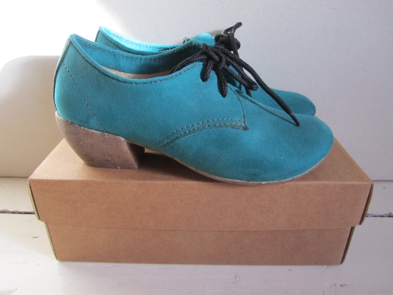 Preloved Vegan Spanish handmade teal green suede heels shoes / boots EUR 38 UK5.5
