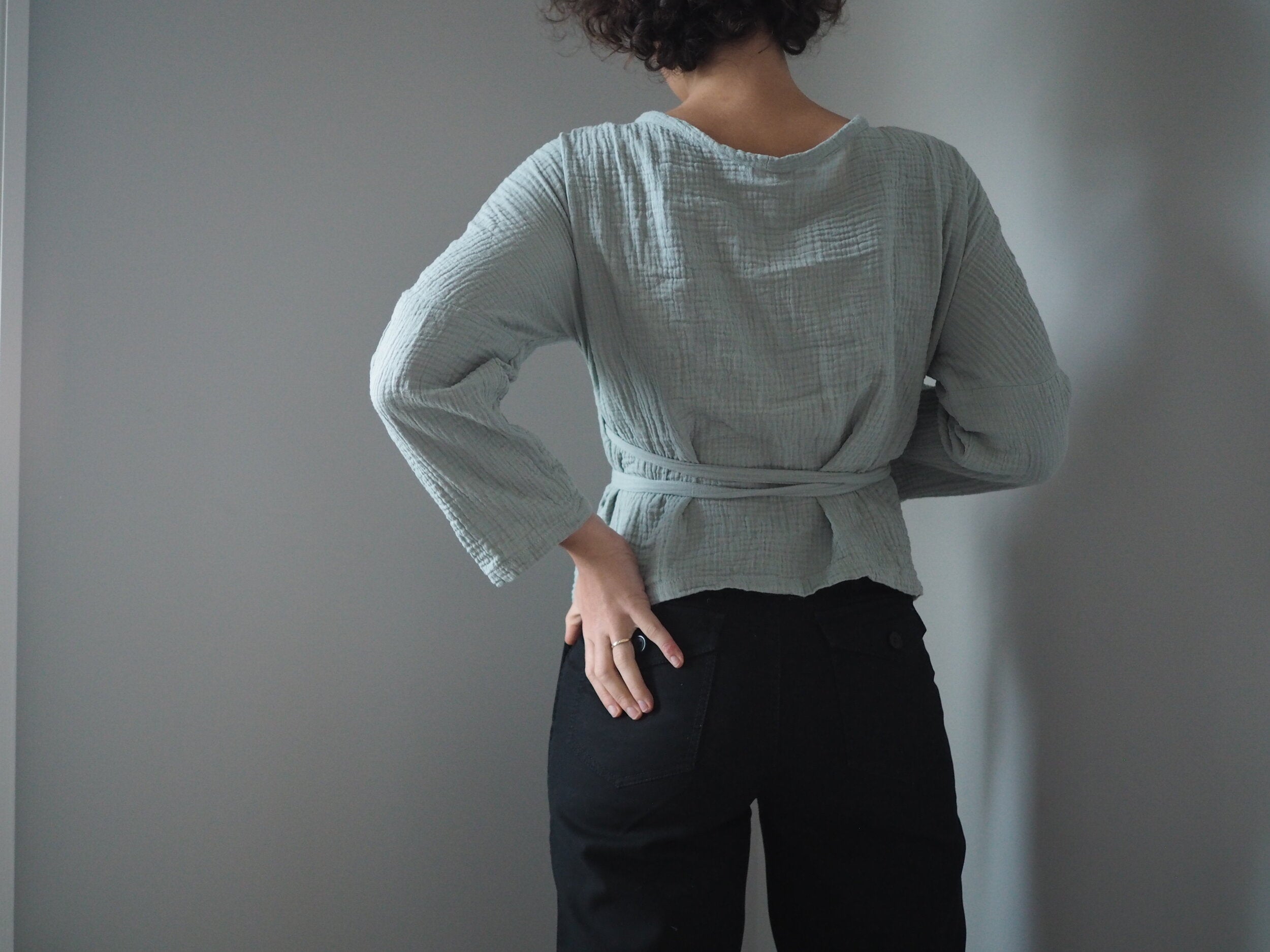 Preloved The Winnie Wrap Top in Sage Grey Textured Cotton