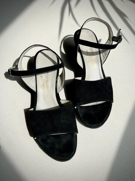 Preloved Vintage Italian Black Suede Wedge Heel Sandals Ankle Strap UK 4 EUR 37