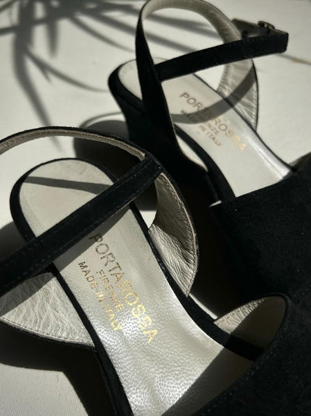 Preloved Vintage Italian Black Suede Wedge Heel Sandals Ankle Strap UK 4 EUR 37