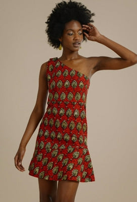 Preloved Zikomo One Shoulder Bodycon Dress - Red with gold leaf