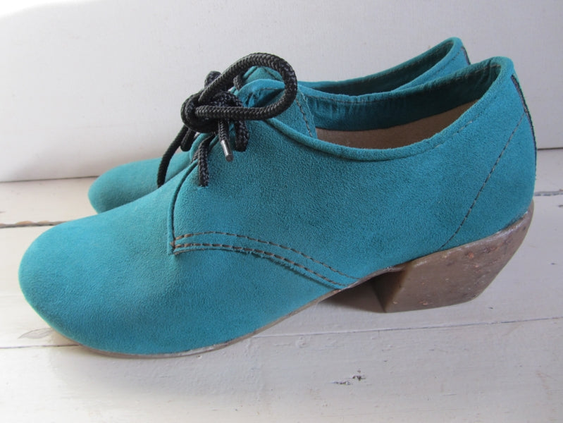 Preloved Vegan Spanish handmade teal green suede heels shoes / boots EUR 38 UK5.5