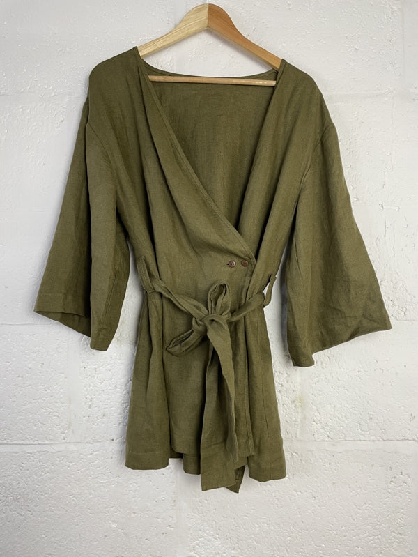 Preloved Green Linen Wrap Top