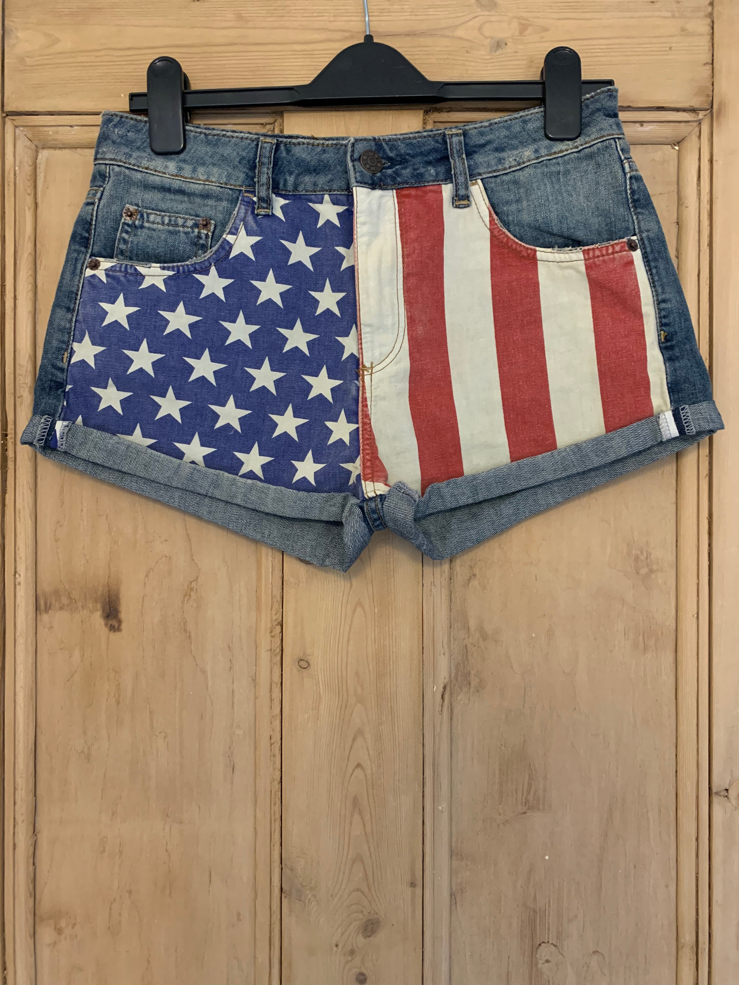 Preloved American flag print denim shorts