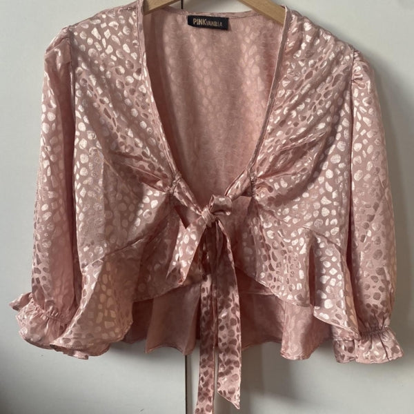Preloved Pink tie up puff sleeve shirt