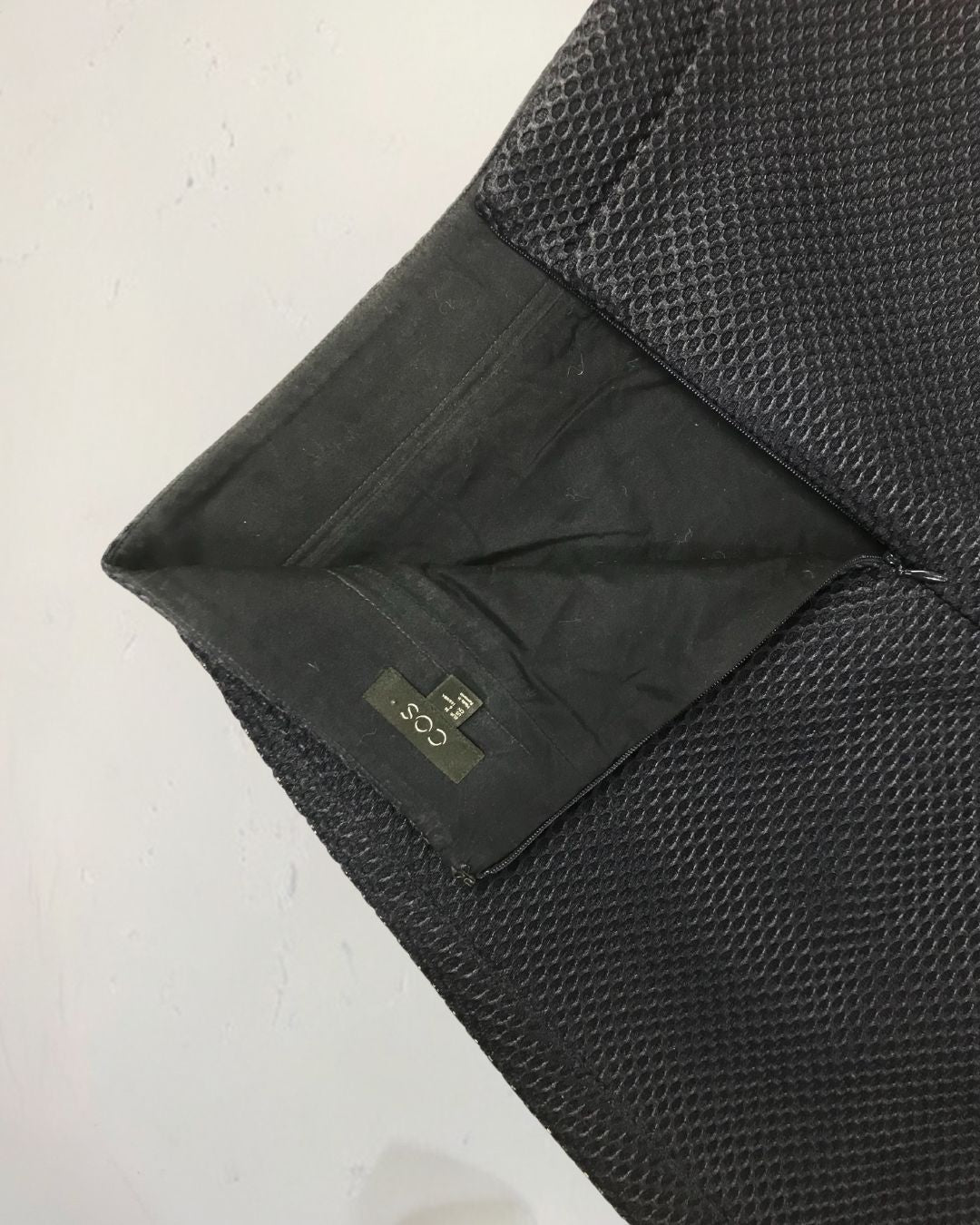 second hand Cos Cos Dark Navy Textured A-line Midi Skirt in Size 8 25 OWNI