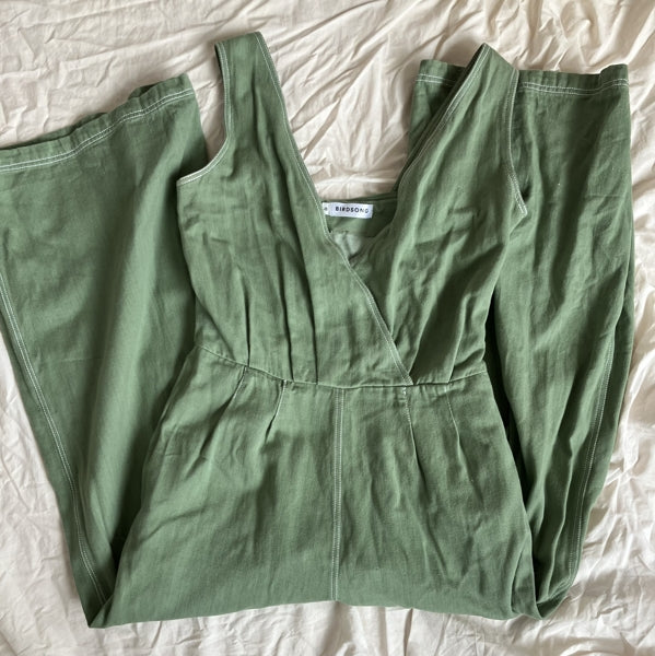 Preloved Birdsong London ‘Sanford’ organic denim jumpsuit in Chalk Green