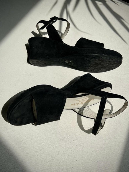 Preloved Vintage Italian Black Suede Wedge Heel Sandals Ankle Strap UK 4 EUR 37