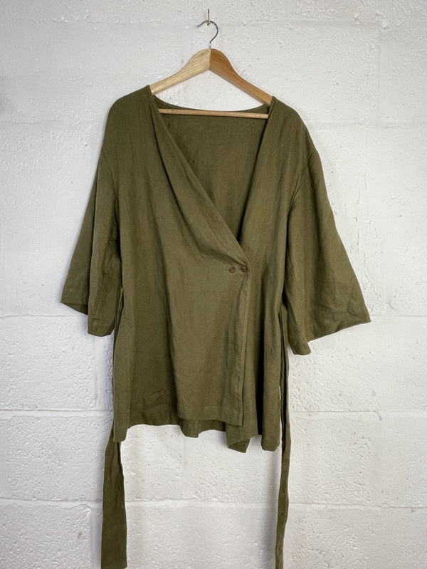 Preloved Green Linen Wrap Top