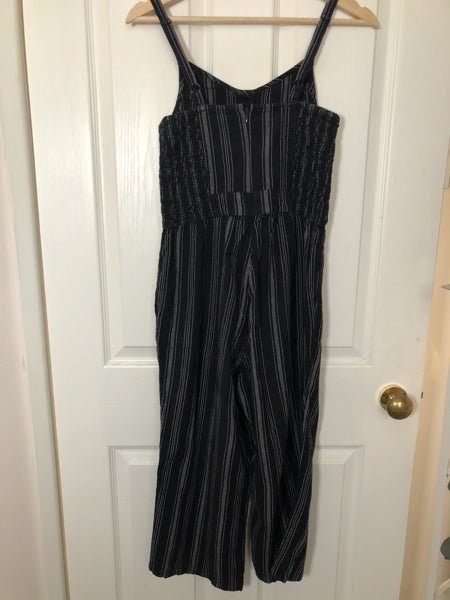 Preloved Black & White stripe cropped leg cotton-linen jumpsuit
