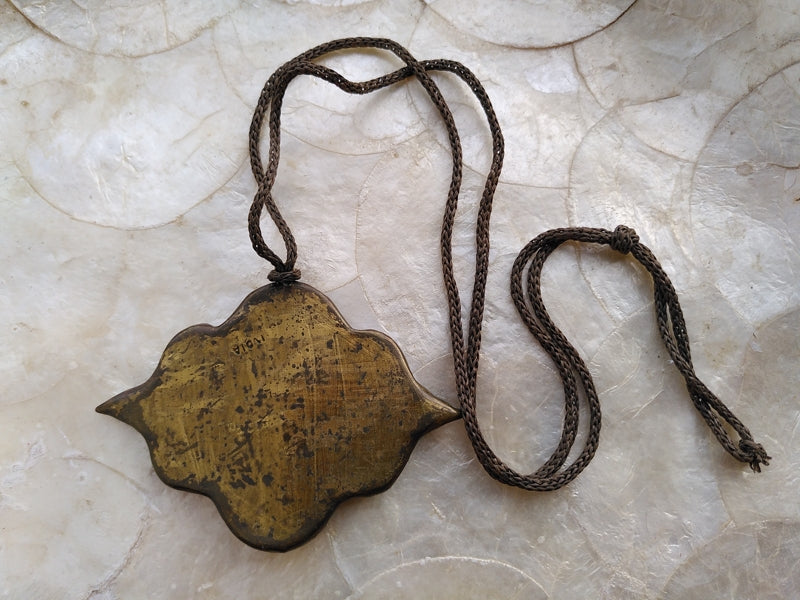 Preloved Vintage Indian brass crushed turquoise inlay mosaic boho necklace pendant