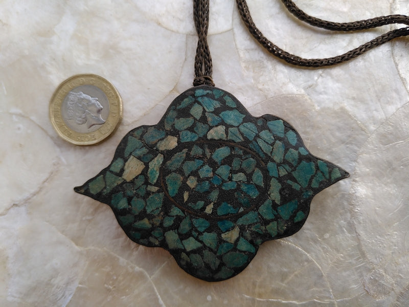 Preloved Vintage Indian brass crushed turquoise inlay mosaic boho necklace pendant