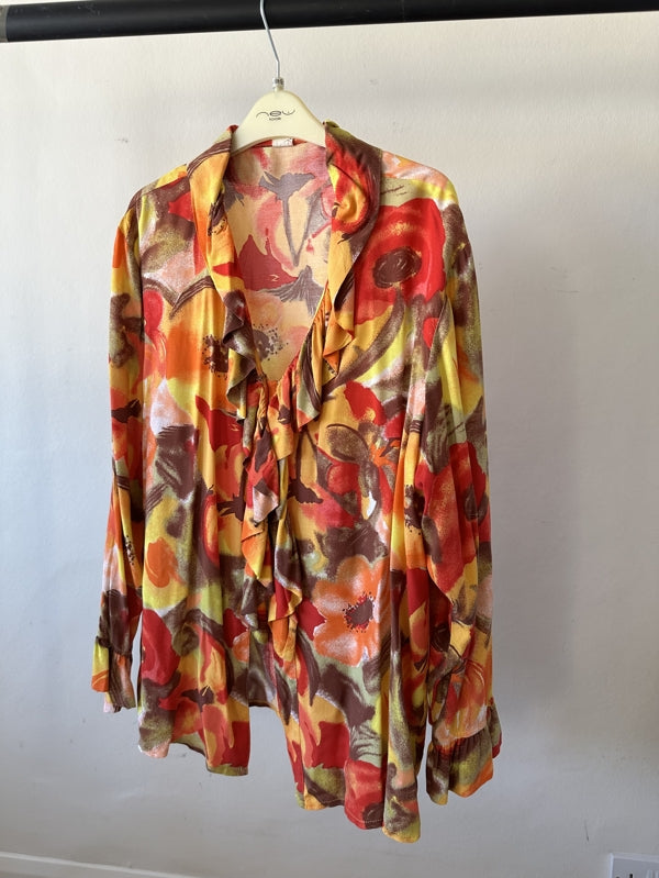 second hand Unknown Vintage orange, red and yellow ruffle front shirt 15 OWNI