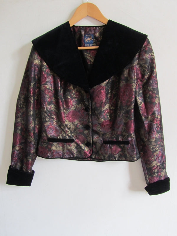 Preloved Vintage 80s Twilight Velvet Metallic Tapestry Floral Rose Print Jacket M