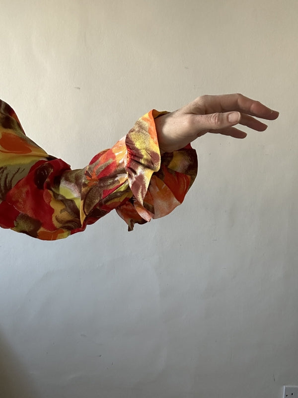 second hand Unknown Vintage orange, red and yellow ruffle front shirt 15 OWNI