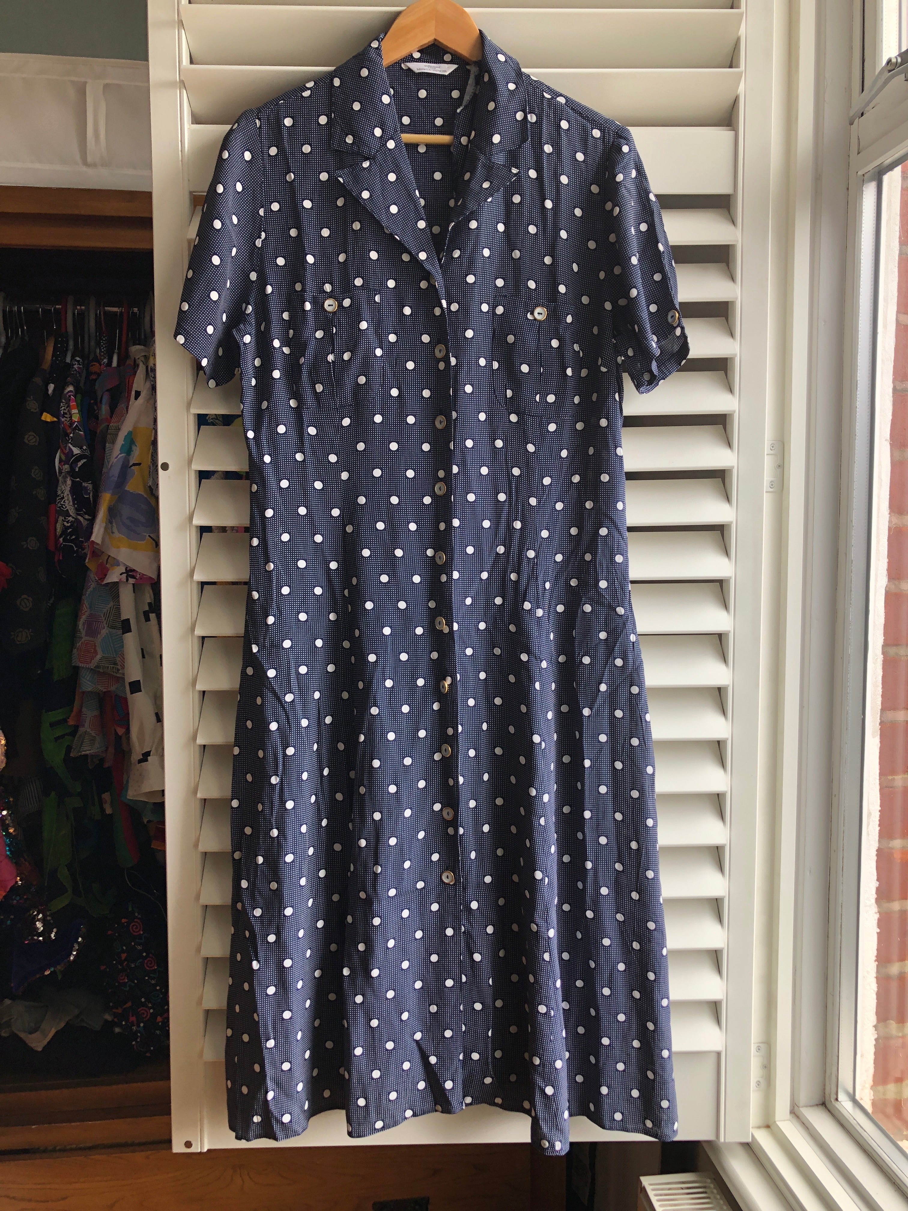 Preloved Navy Polka Dot button down dress