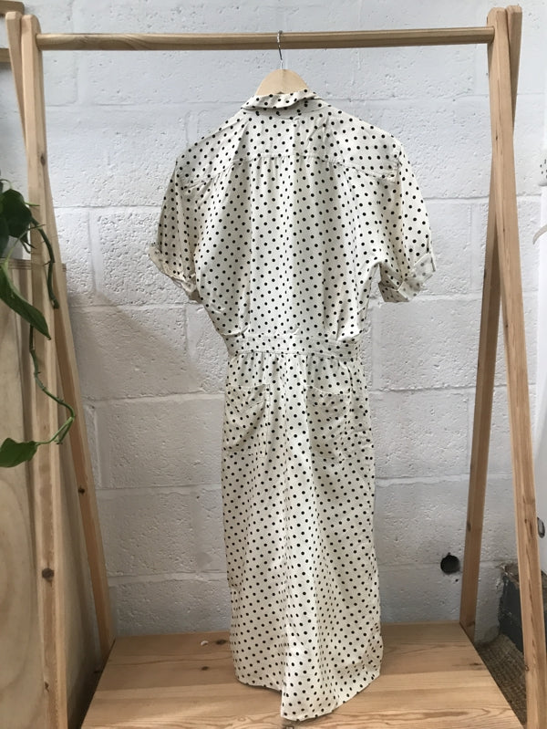 Preloved Cream Silk Polka Dot Midi Shirt Dress