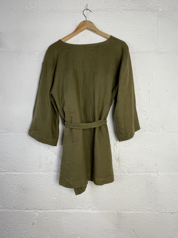Preloved Green Linen Wrap Top