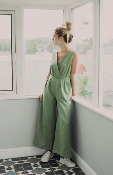Preloved Birdsong London ‘Sanford’ organic denim jumpsuit in Chalk Green