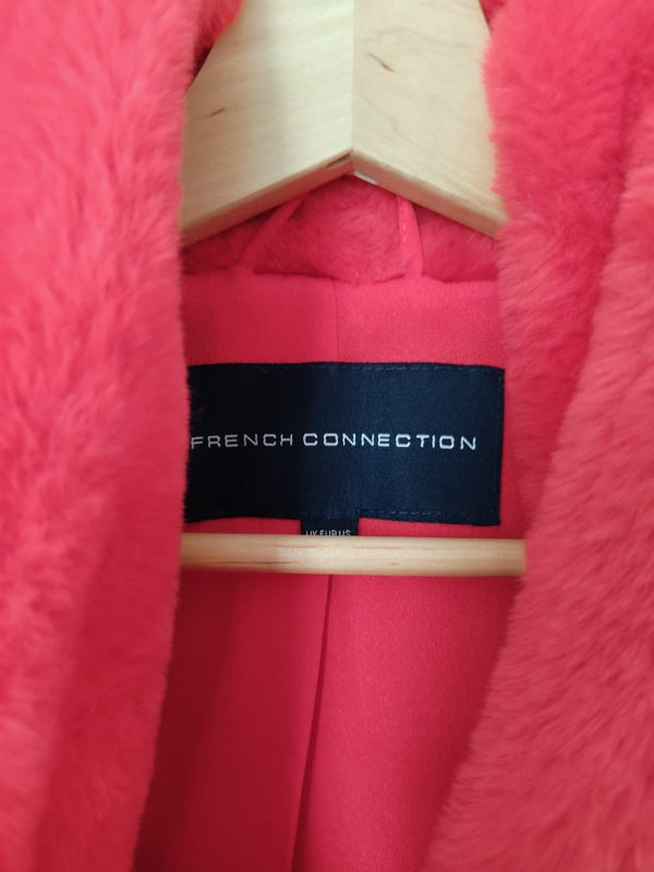 Preloved French Connection faux fur coat in pink & red