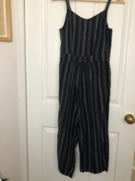 Preloved Black & White stripe cropped leg cotton-linen jumpsuit