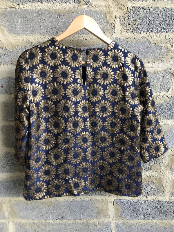 Preloved Navy Top with Embroidered Flowers