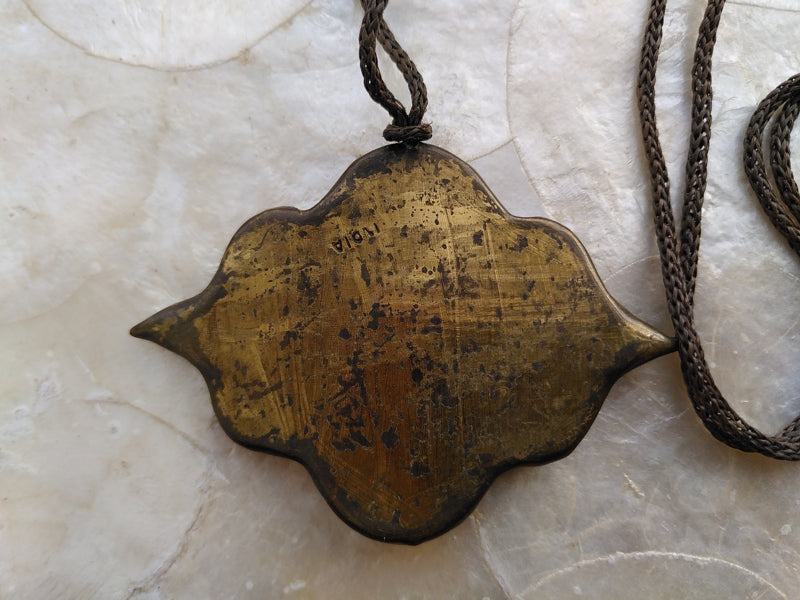 Preloved Vintage Indian brass crushed turquoise inlay mosaic boho necklace pendant