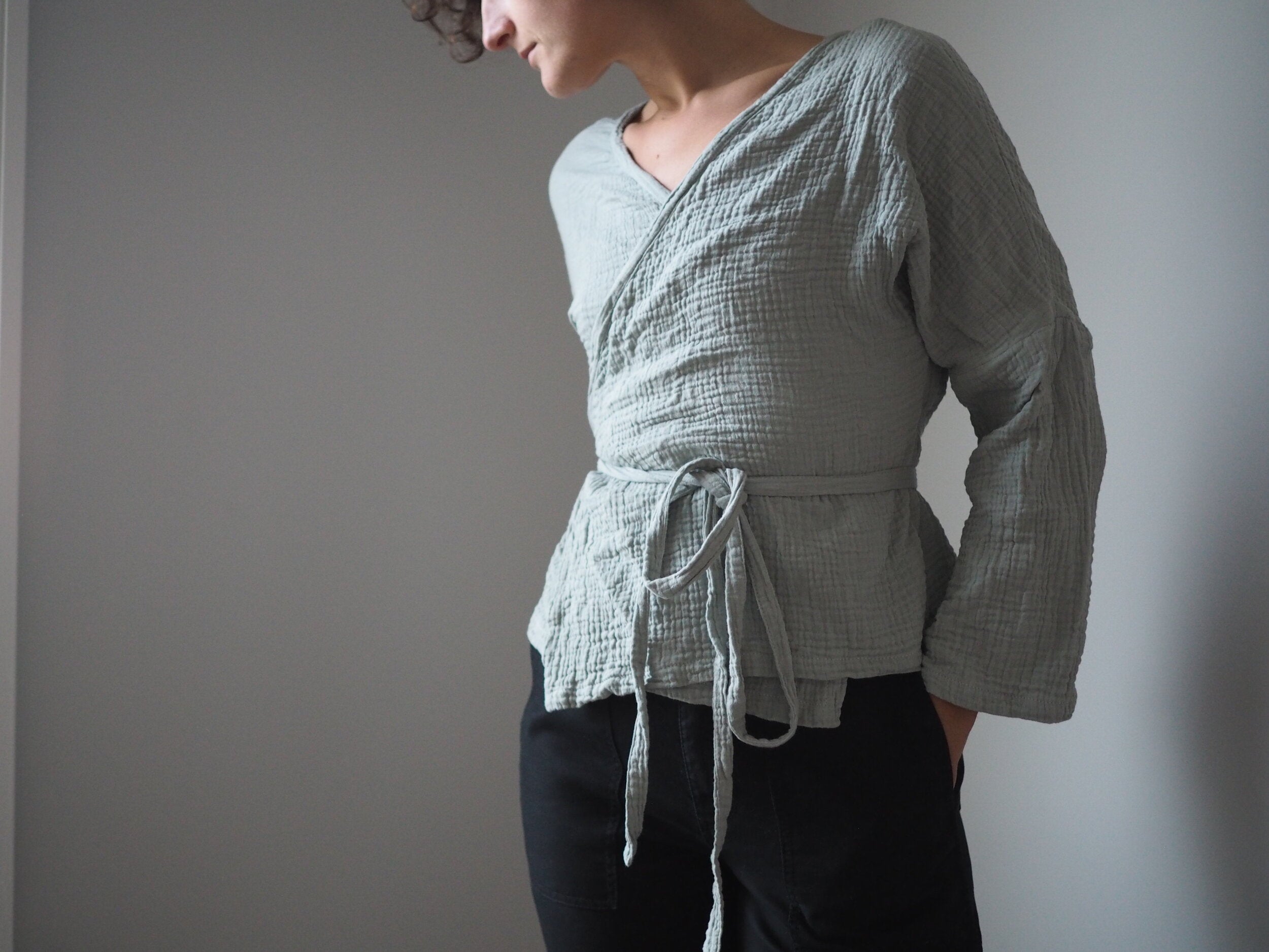 Preloved The Winnie Wrap Top in Sage Grey Textured Cotton