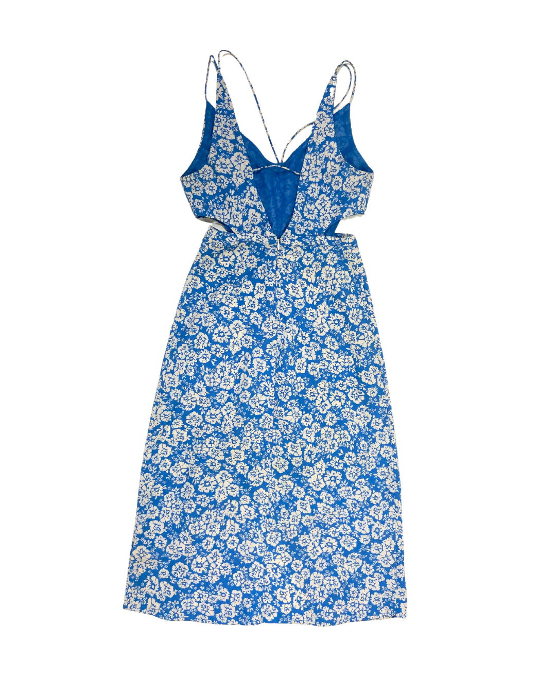 Blue Floral Cut Out Midi Dress