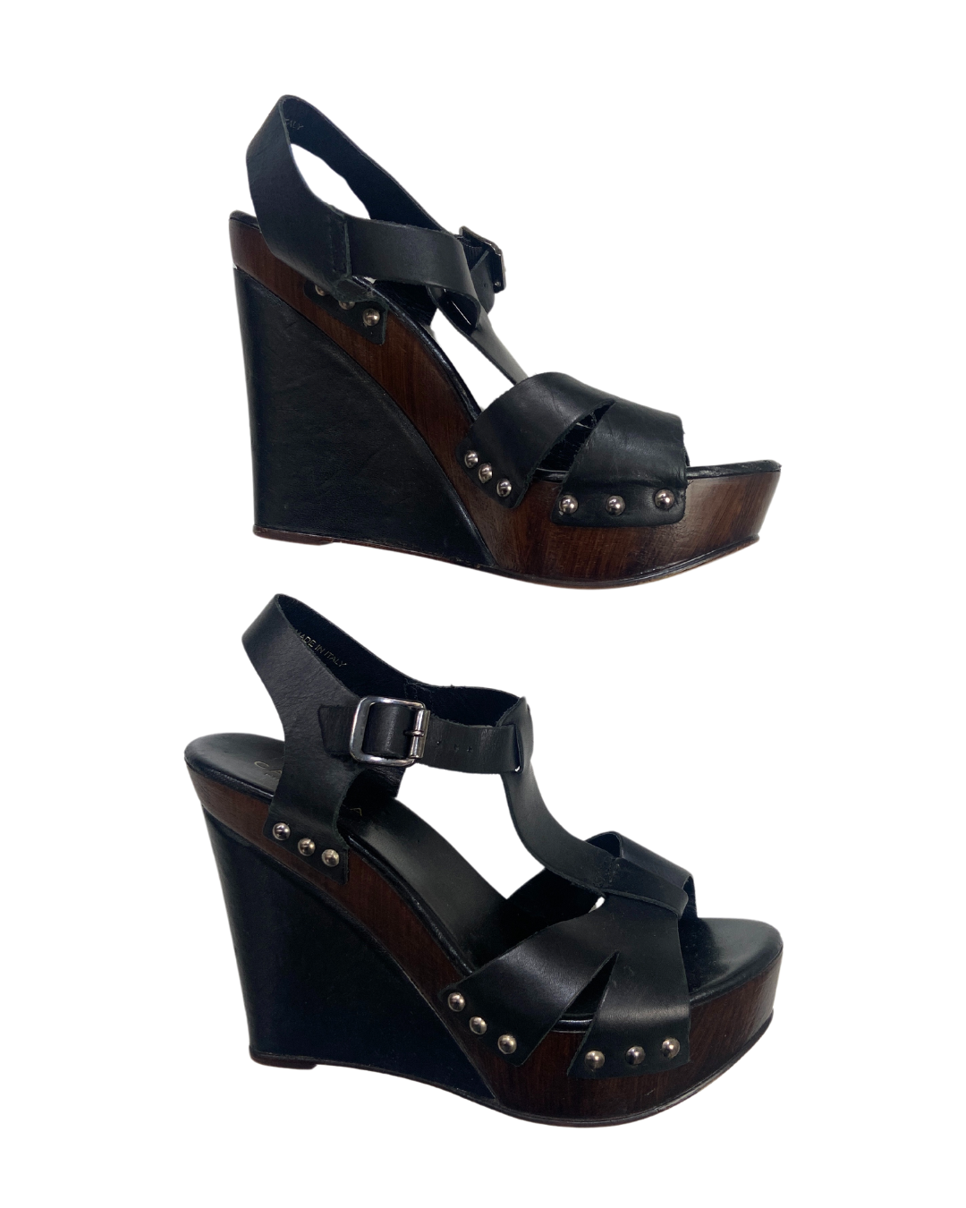 second hand Carvela Carvela Black Leather Studded Wedge Sandals 12 OWNI