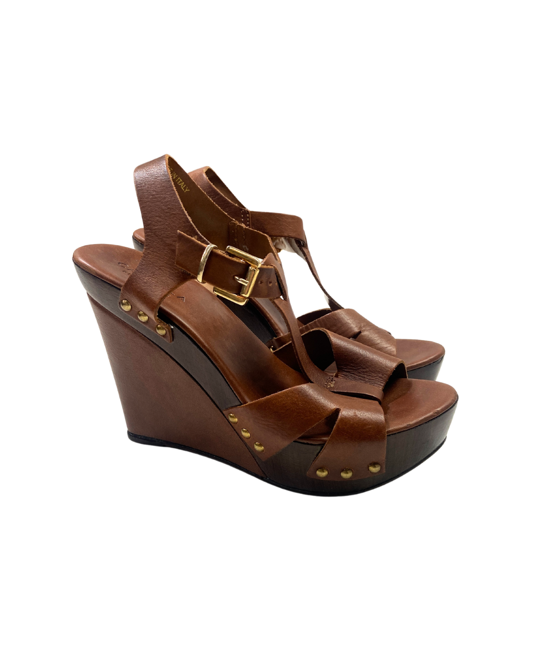 second hand Carvela Carvela Brown Leather Wedge Sandals with Gold Stud Detailing 12 OWNI