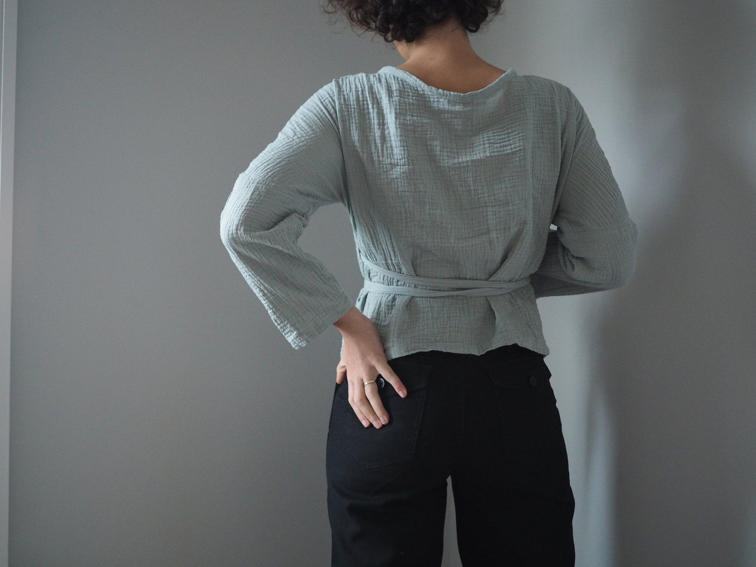 Preloved The Winnie Wrap Top in Sage Grey Textured Cotton