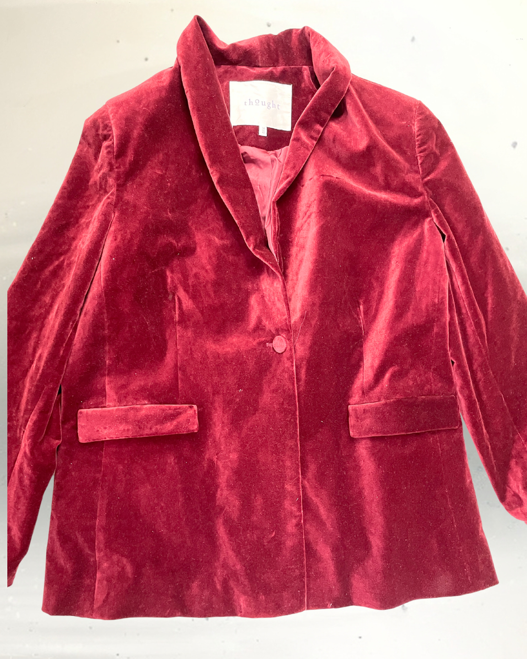 second hand Thought Red Velor Velvet Suit Jacket (size 14) + Trousers (size 16) set.  40 OWNI