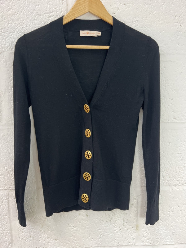 Preloved Tory Burch Logo button fine knit cardigan black