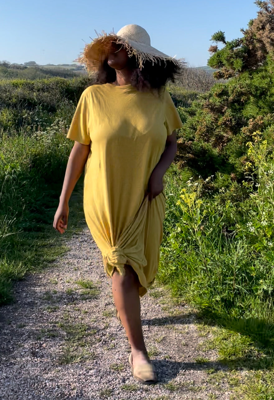 Preloved Oueme Hemp Dress in Mustard