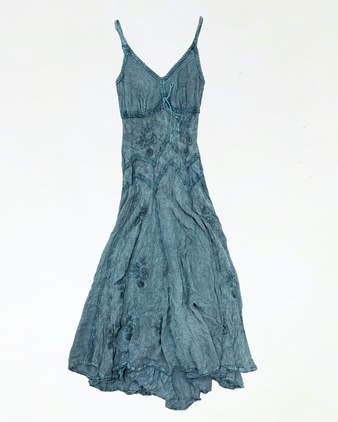 Bohemian Textured Midi Dress with Lace Accents