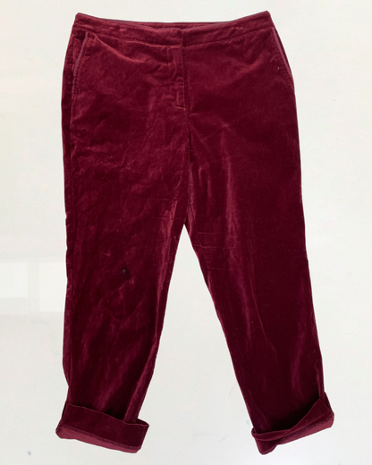 second hand Thought Red Velor Velvet Suit Jacket (size 14) + Trousers (size 16) set.  40 OWNI
