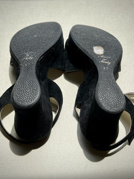 Preloved Vintage Italian Black Suede Wedge Heel Sandals Ankle Strap UK 4 EUR 37