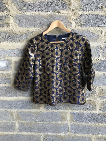 Preloved Navy Top with Embroidered Flowers