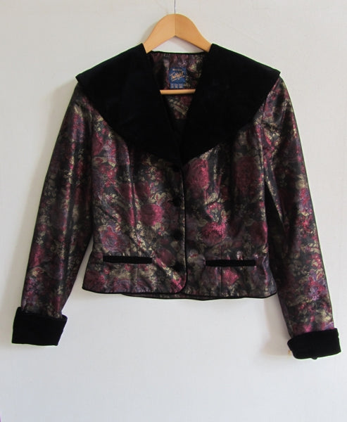 Preloved Vintage 80s Twilight Velvet Metallic Tapestry Floral Rose Print Jacket M