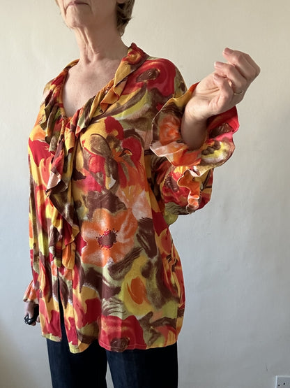 second hand Unknown Vintage orange, red and yellow ruffle front shirt 15 OWNI
