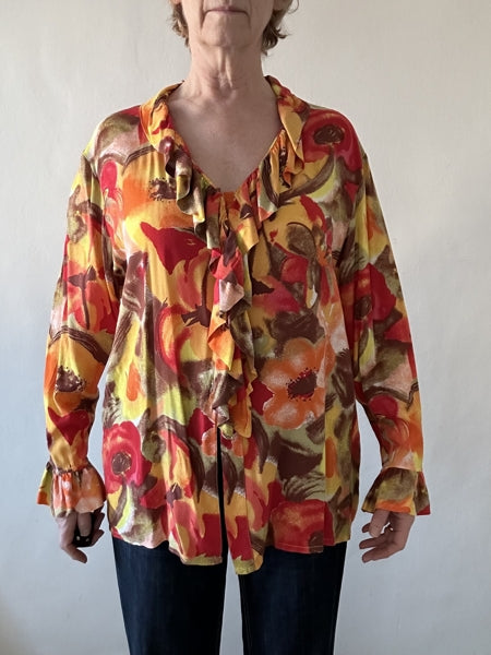 second hand Unknown Vintage orange, red and yellow ruffle front shirt 15 OWNI