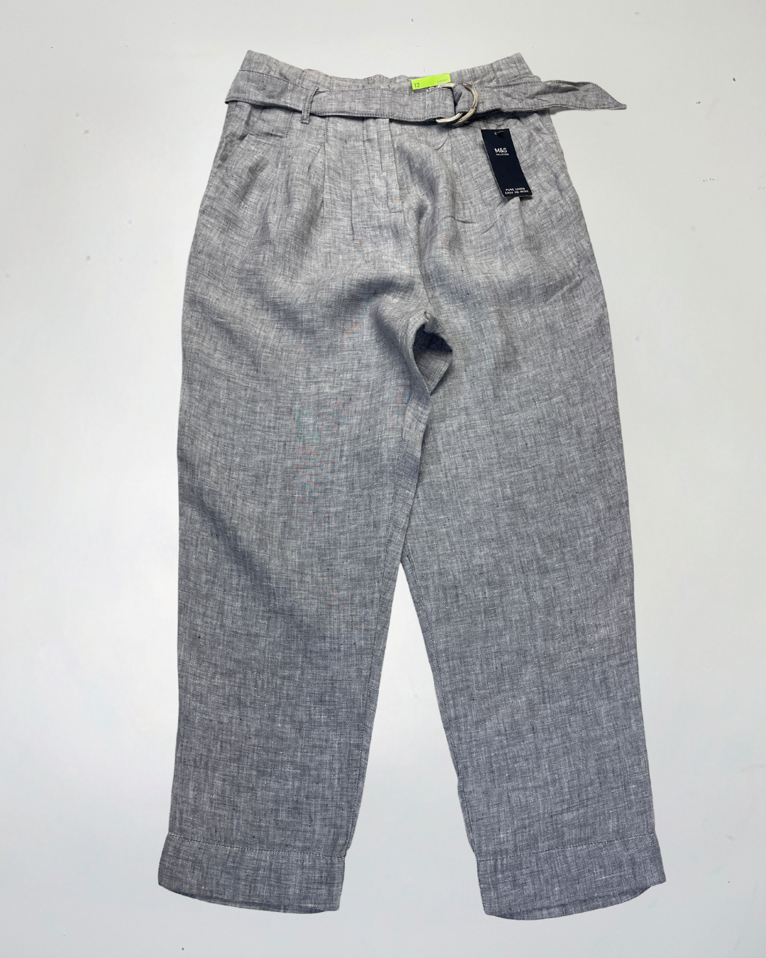 second hand M&S Light Grey High Rise Linen Trousers in Size 12 15 OWNI