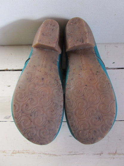 Preloved Vegan Spanish handmade teal green suede heels shoes / boots EUR 38 UK5.5