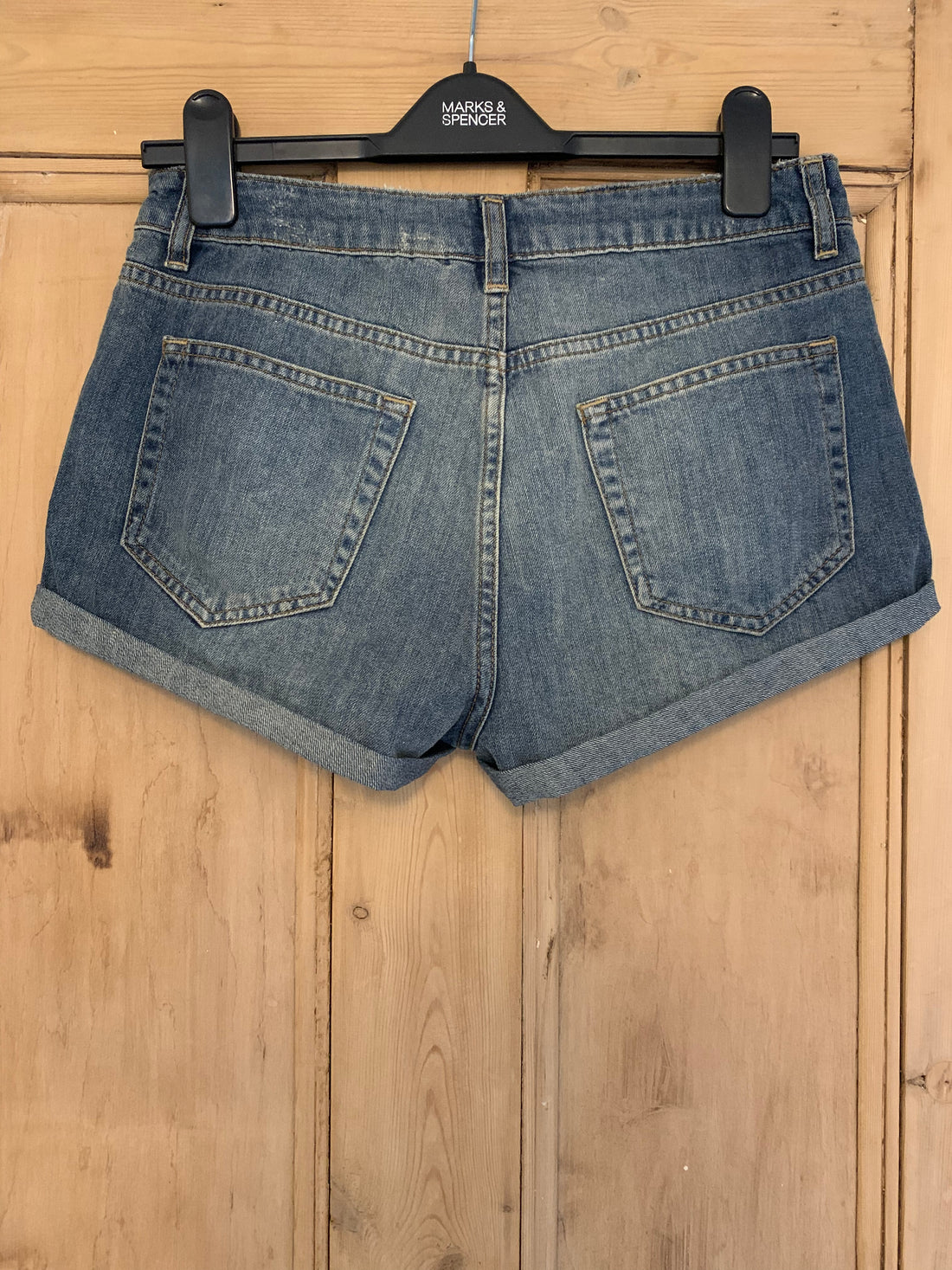 Preloved American flag print denim shorts