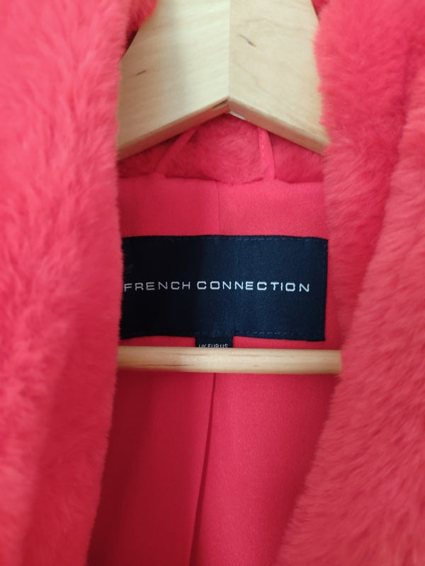 Preloved French Connection faux fur coat in pink &amp; red